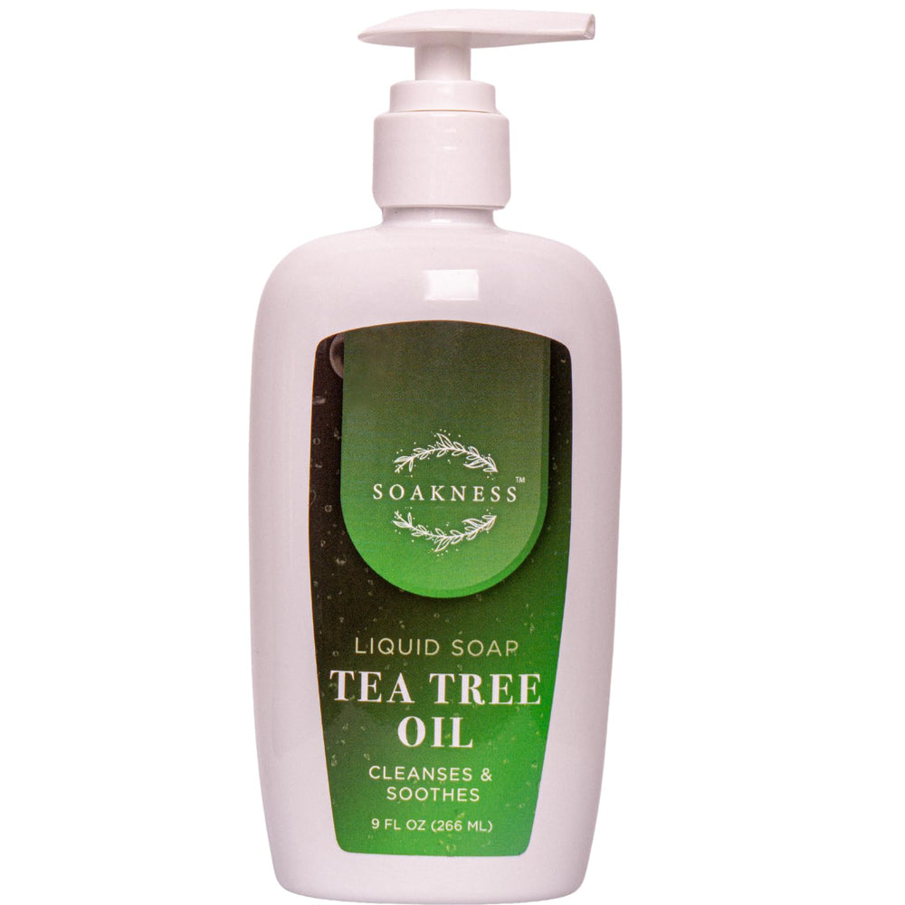 Soakness Tea Tree Hand Soap bottle on shelf showcasing gentle cleansing for hands