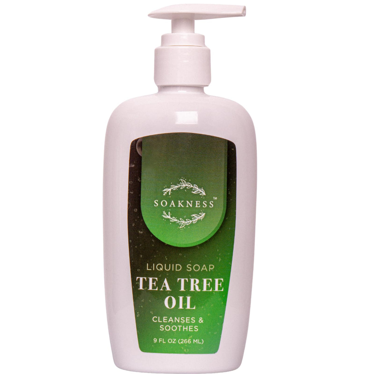 Soakness Tea Tree Hand Soap bottle on shelf showcasing gentle cleansing for hands