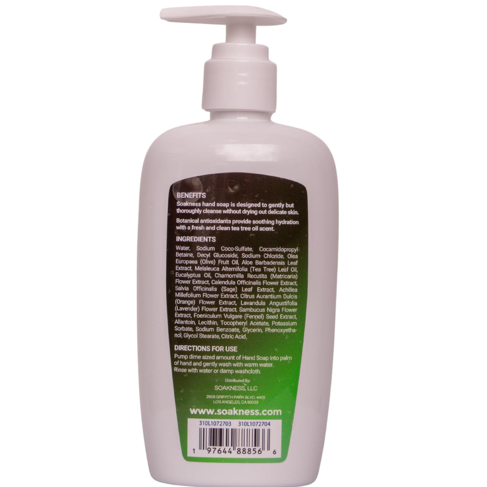Soakness Tea Tree Hand Soap pump close-up highlighting easy dispensing