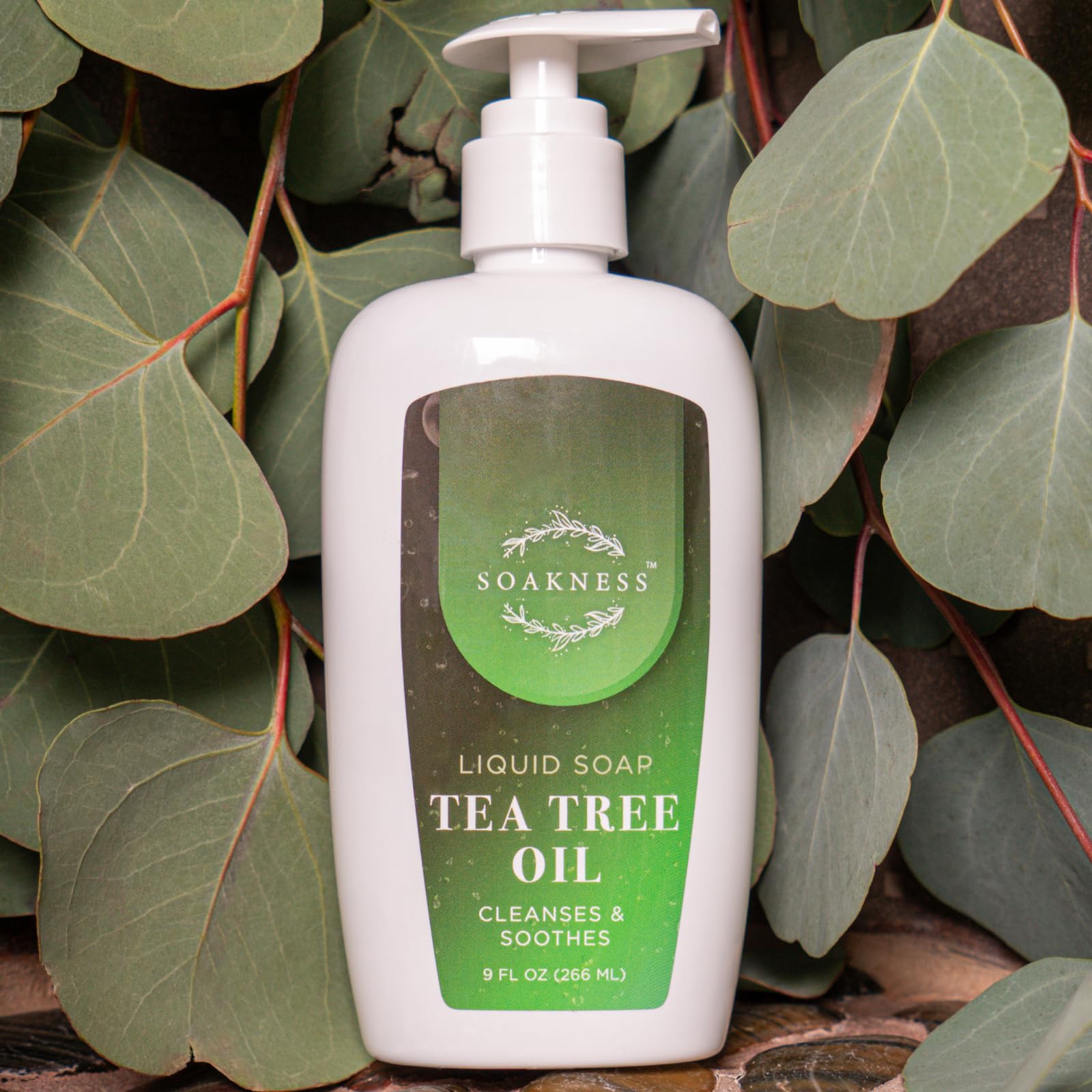 Soakness Tea Tree Hand Soap bottle with clean packaging and eco-friendly vibe