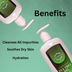 Soakness Tea Tree Hand Soap tea tree leaves beside bottle and aroma