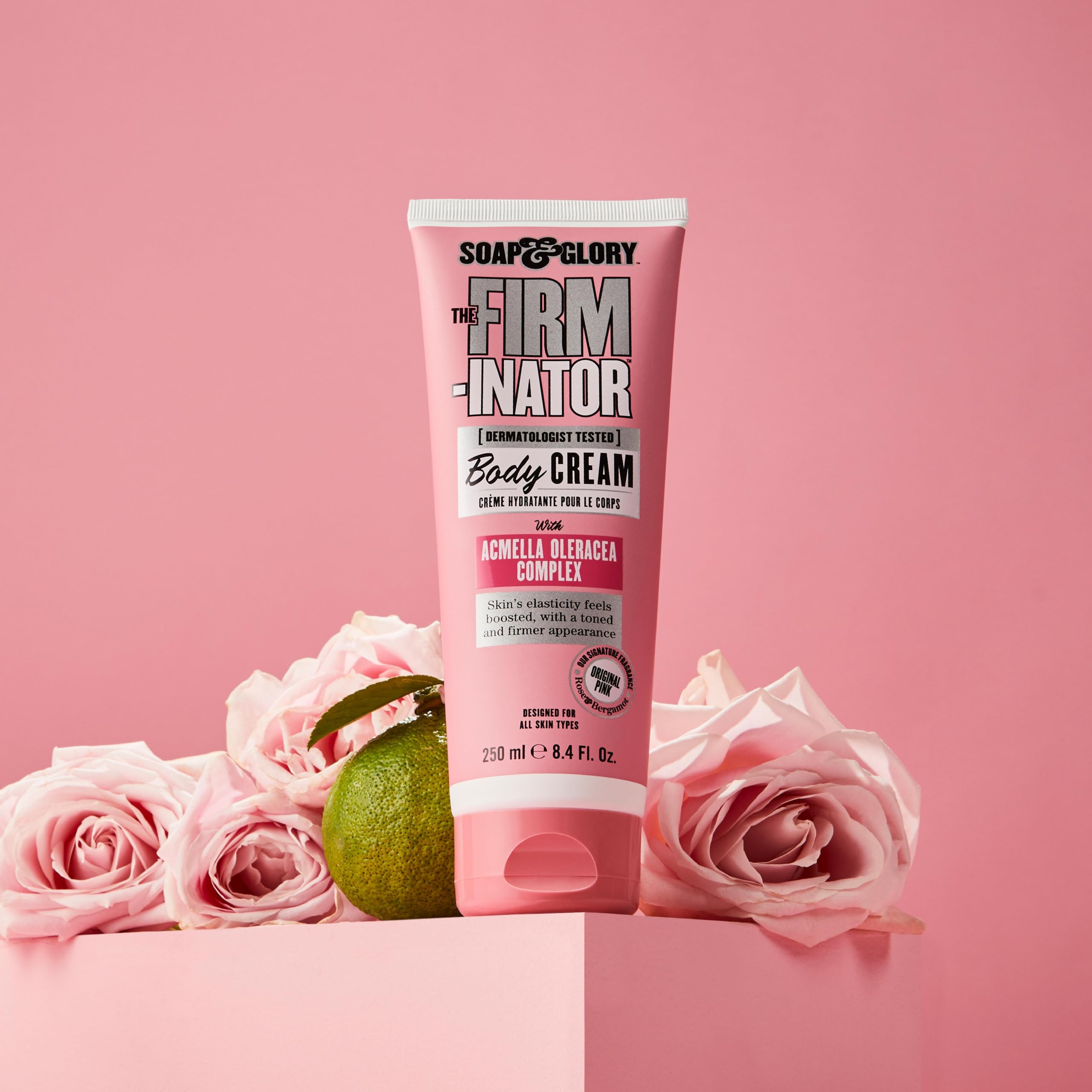 Soap and Glory pink fragrance with patchouli and rose benefit hint.