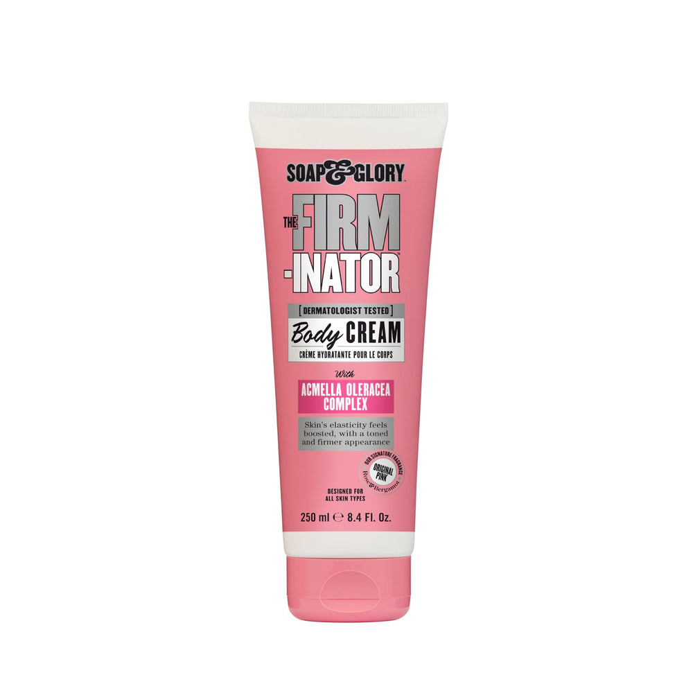Soap and Glory The Firm-inator bottle close-up showing firming action.
