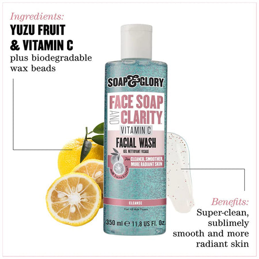 Soap & Glory Vitamin C Brightening Facial Cleanser foam on sink demonstrates makeup removal.
