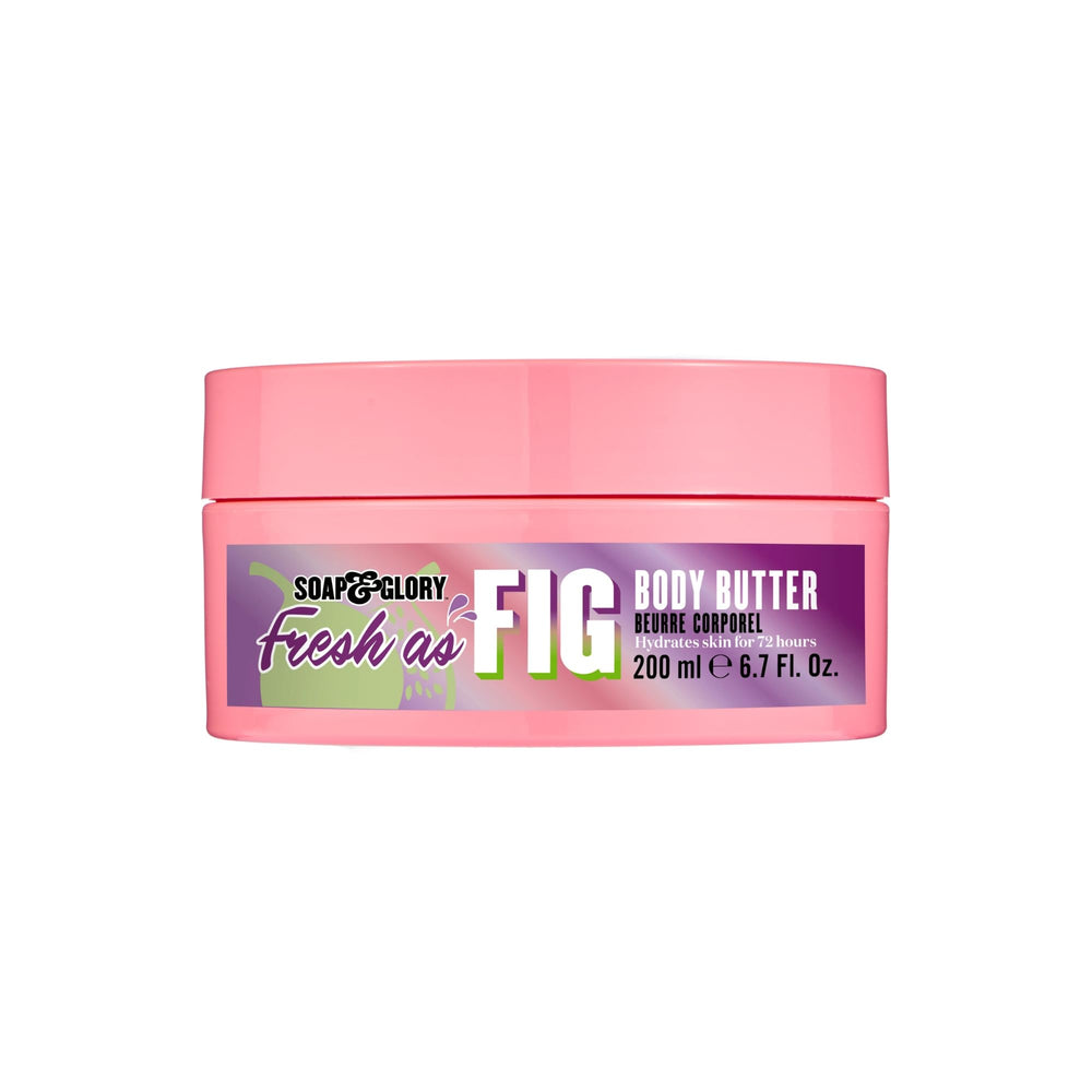 Soap & Glory Fresh as Fig Body Butter in a jar showing rich hydration for dry skin.