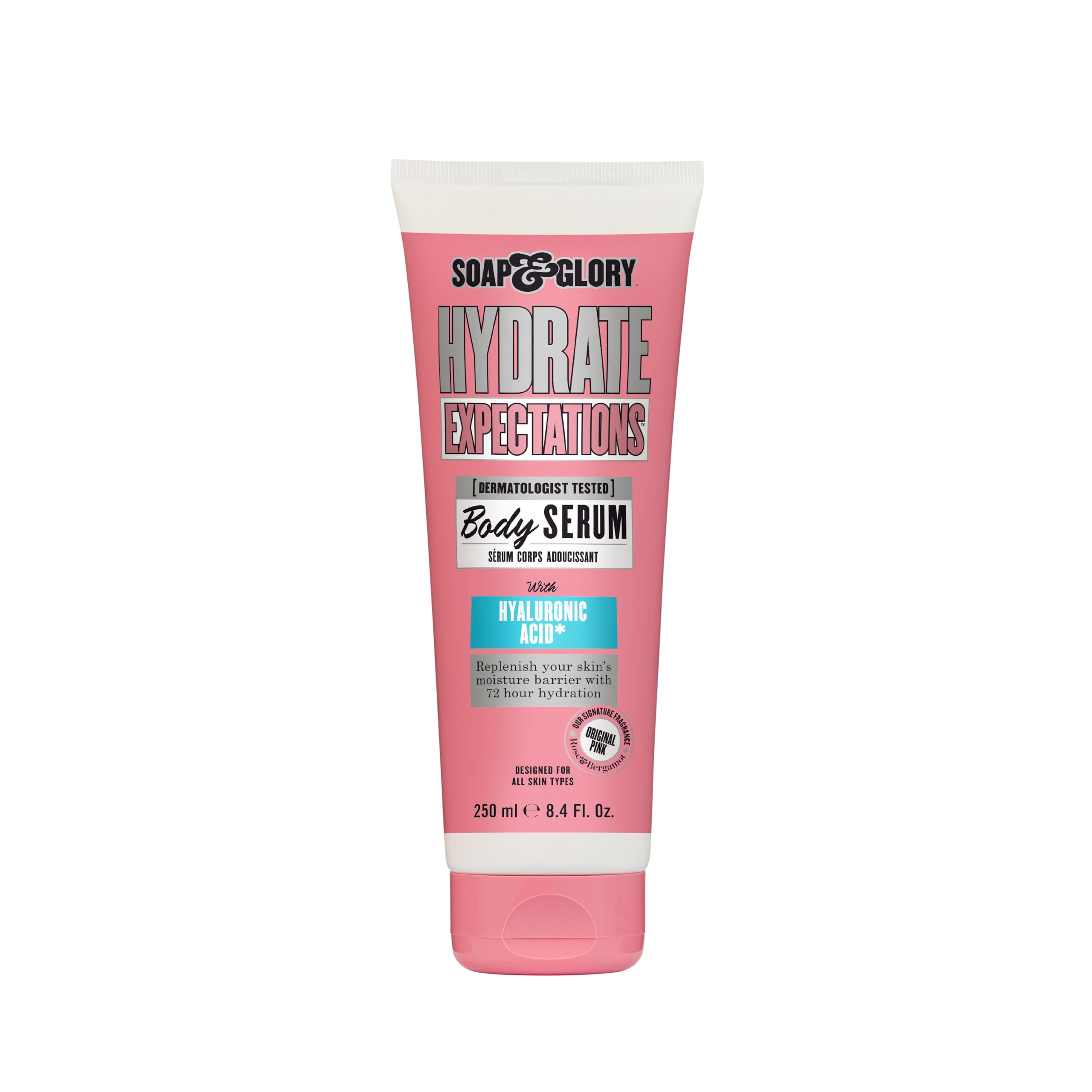 Soap & Glory Hydrate Expectations bottle front, vibrant pink packaging for daily hydration.