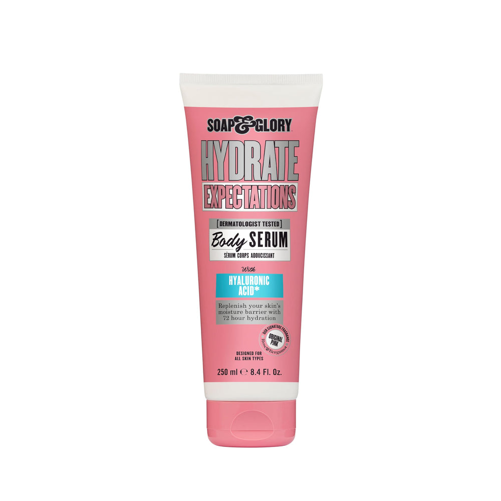 Soap & Glory Hydrate Expectations bottle front, vibrant pink packaging for daily hydration.