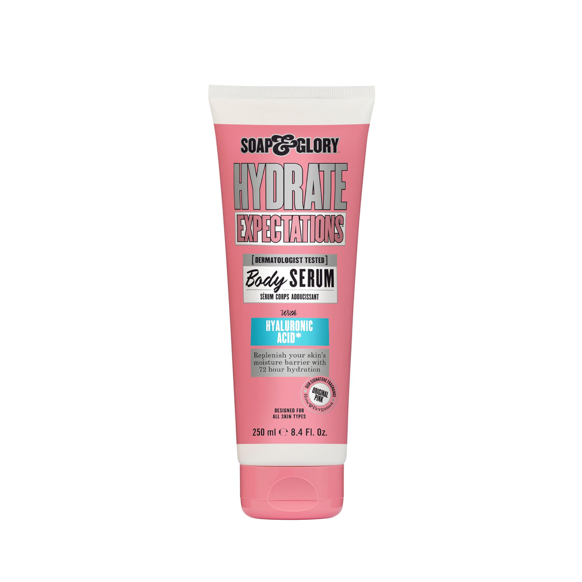 Soap & Glory Hydrate Expectations bottle front, vibrant pink packaging for daily hydration.