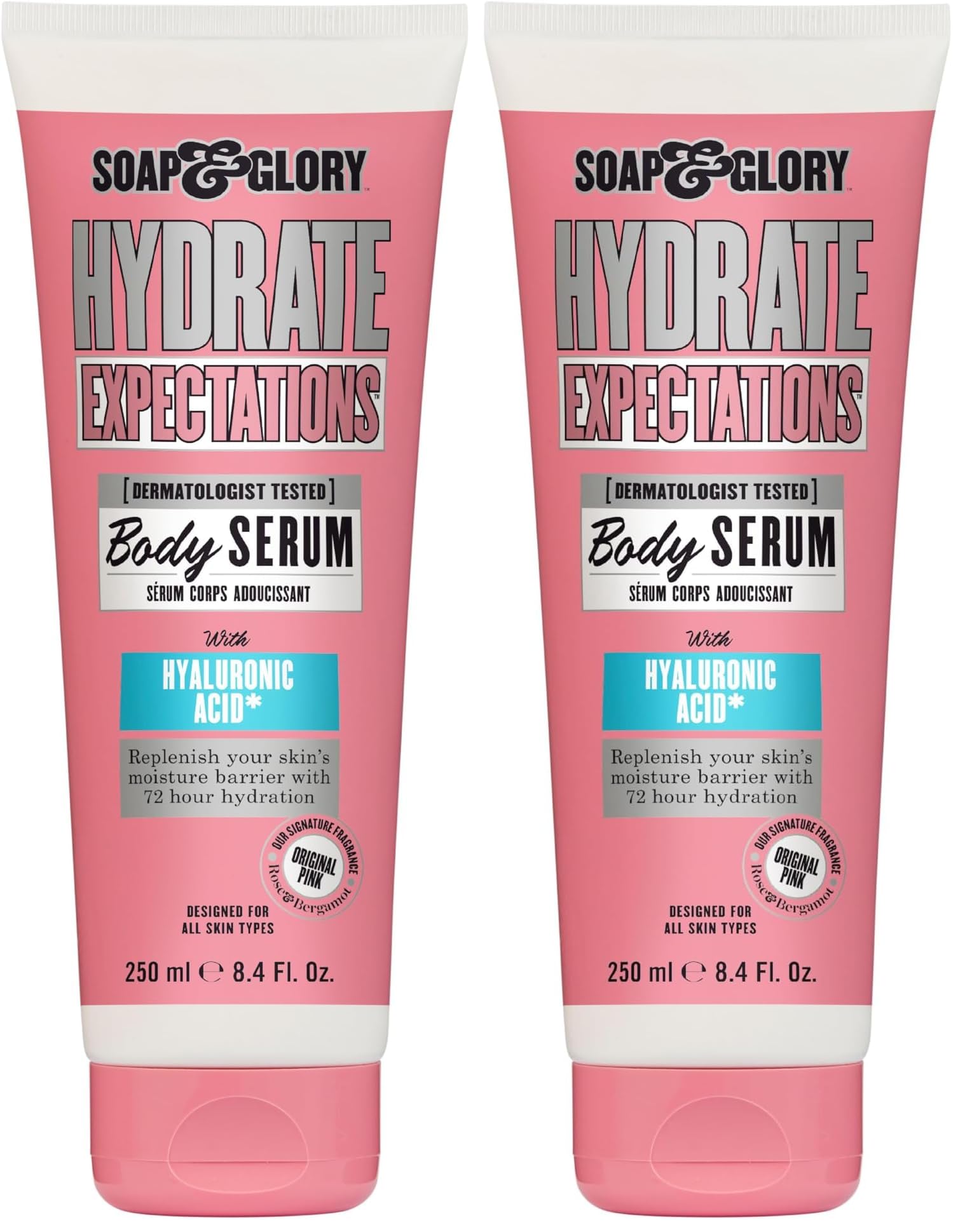 Soap & Glory Hydrate Expectations bottle-pour demonstrates quick hydration for smooth skin.