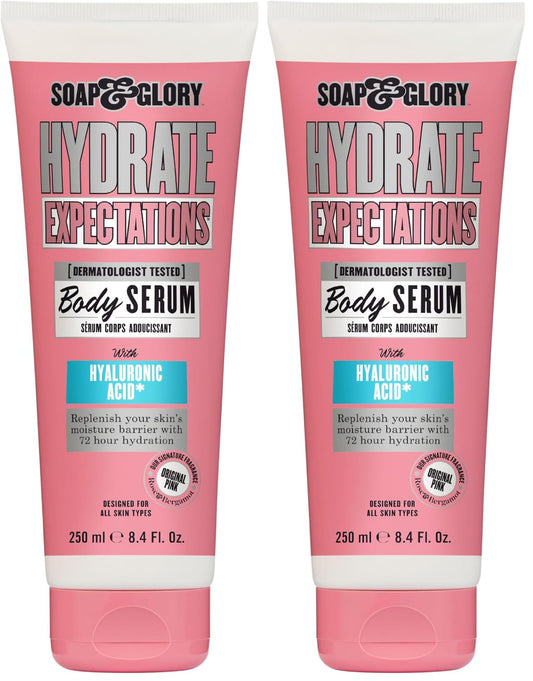 Soap & Glory Hydrate Expectations bottle-pour demonstrates quick hydration for smooth skin.