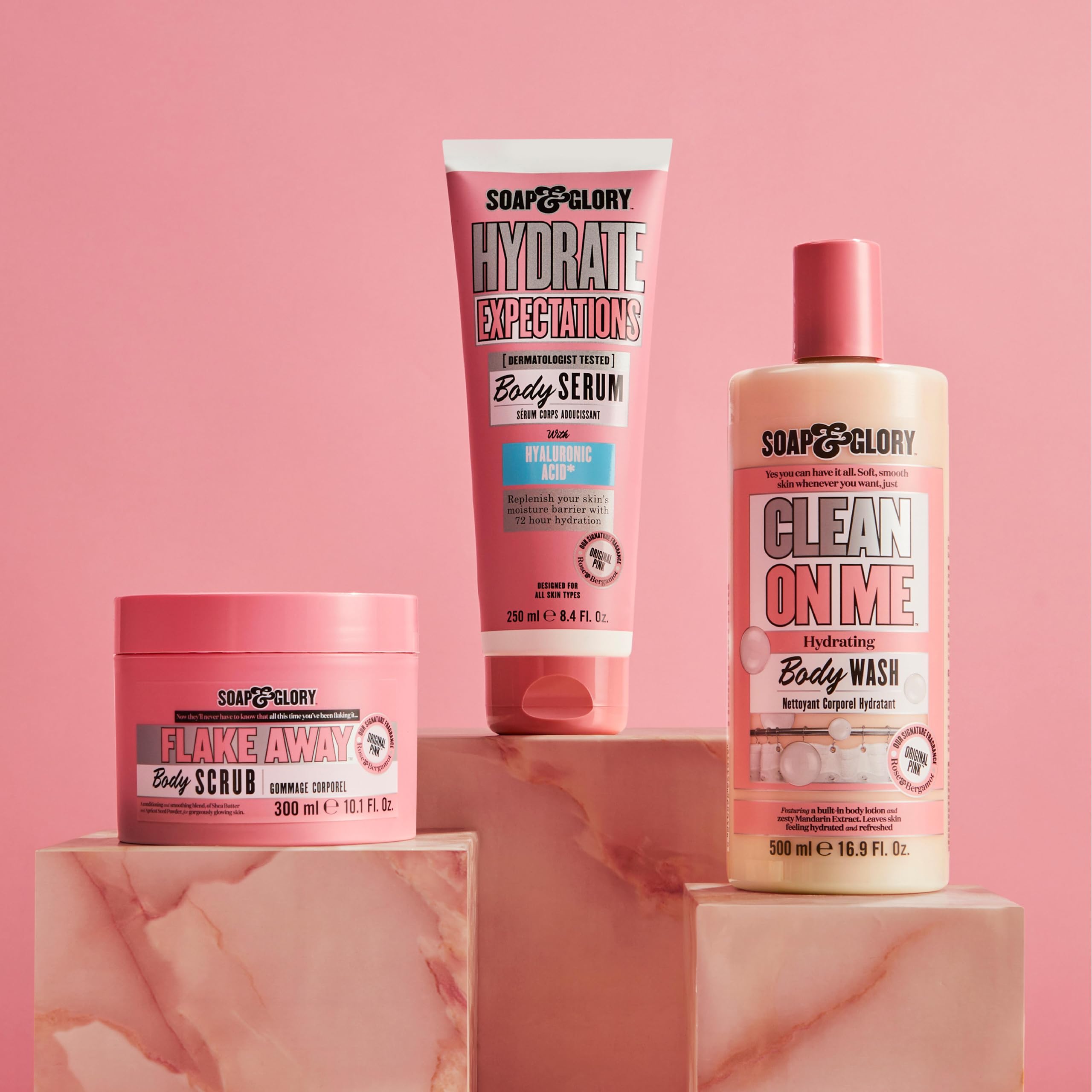 Soap & Glory Hydrate Expectations pink-fragrance line offers a fruity floral scent.