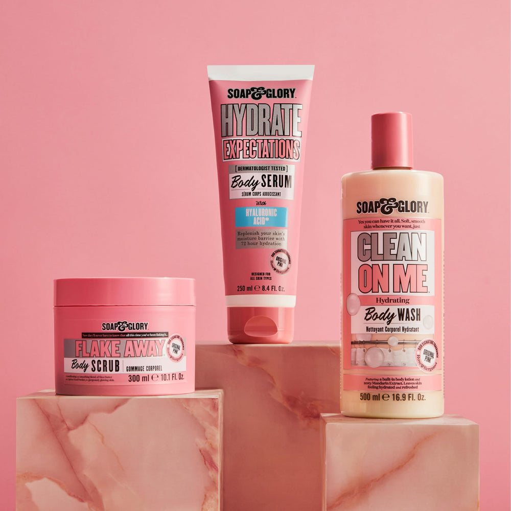 Soap & Glory Hydrate Expectations pink-fragrance line offers a fruity floral scent.