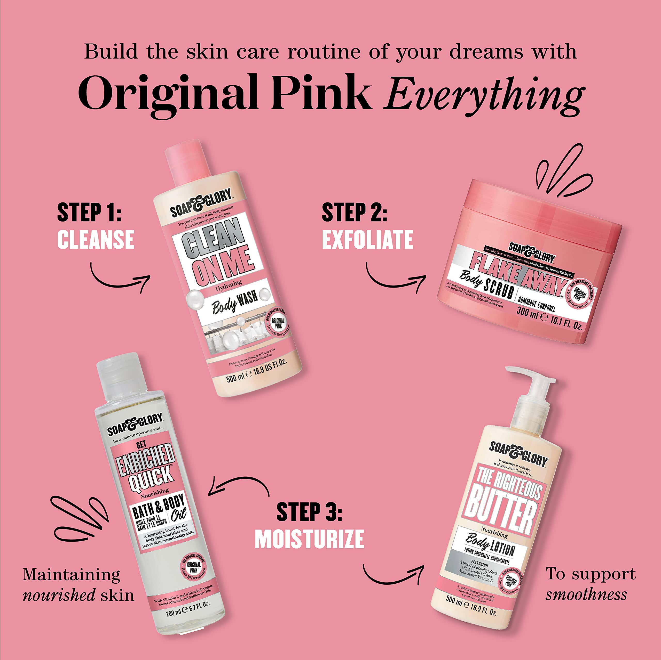 Soap & Glory Original Pink shower gel in a bright bathroom scene for daily routine vibes.