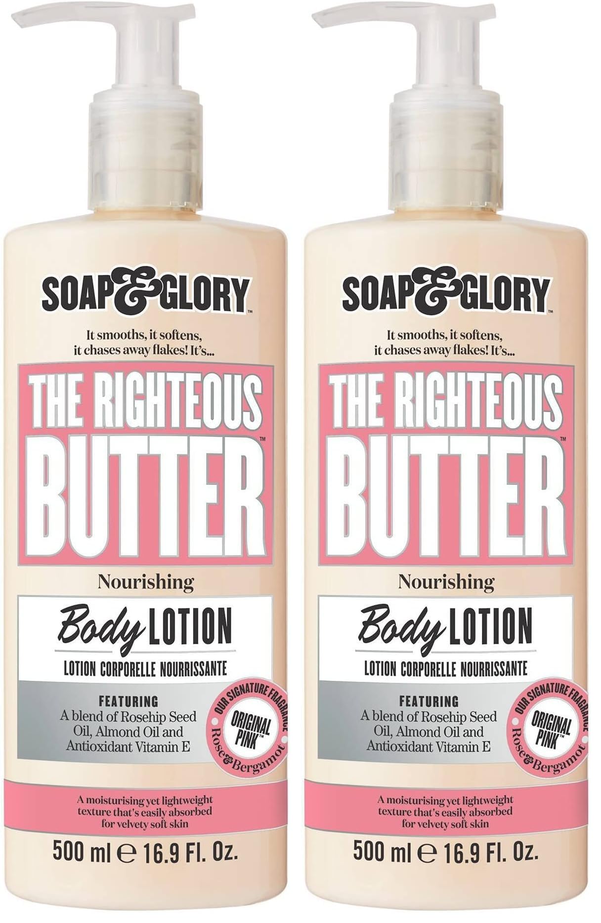 Soap & Glory Original Pink bottle pump shows easy dispensing and creamy hydration