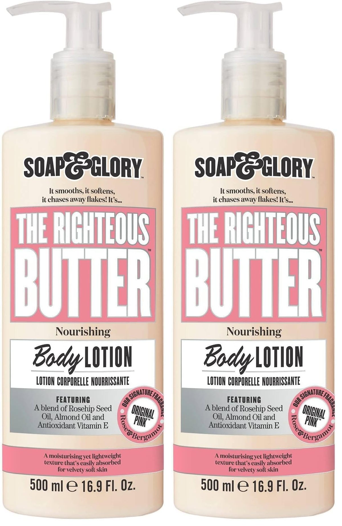 Soap & Glory Original Pink bottle pump shows easy dispensing and creamy hydration