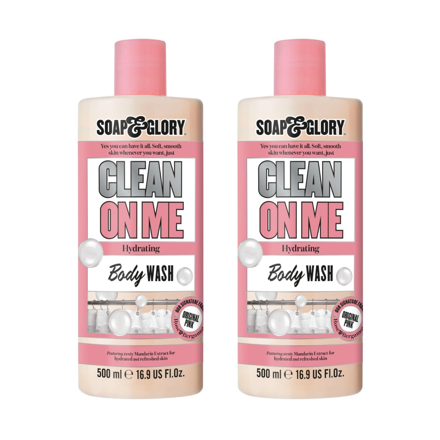Soap & Glory Original Pink Clean On Me bottle highlighting bergamot-rose scent for a refreshing shower.
