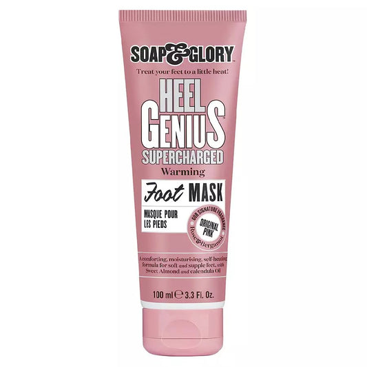 Soap & Glory Pink Heel Genius mask applied for deep hydration and gentle exfoliation