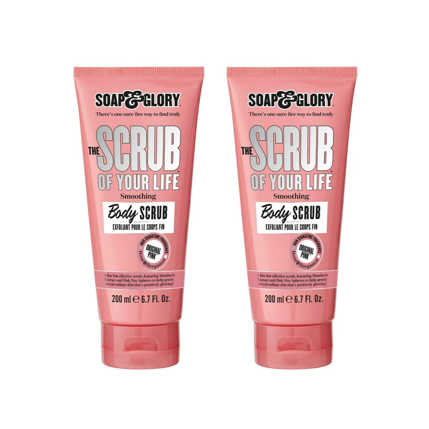 Soap & Glory Original Pink Scrub Life jar shown with creamy exfoliant for smooth skin