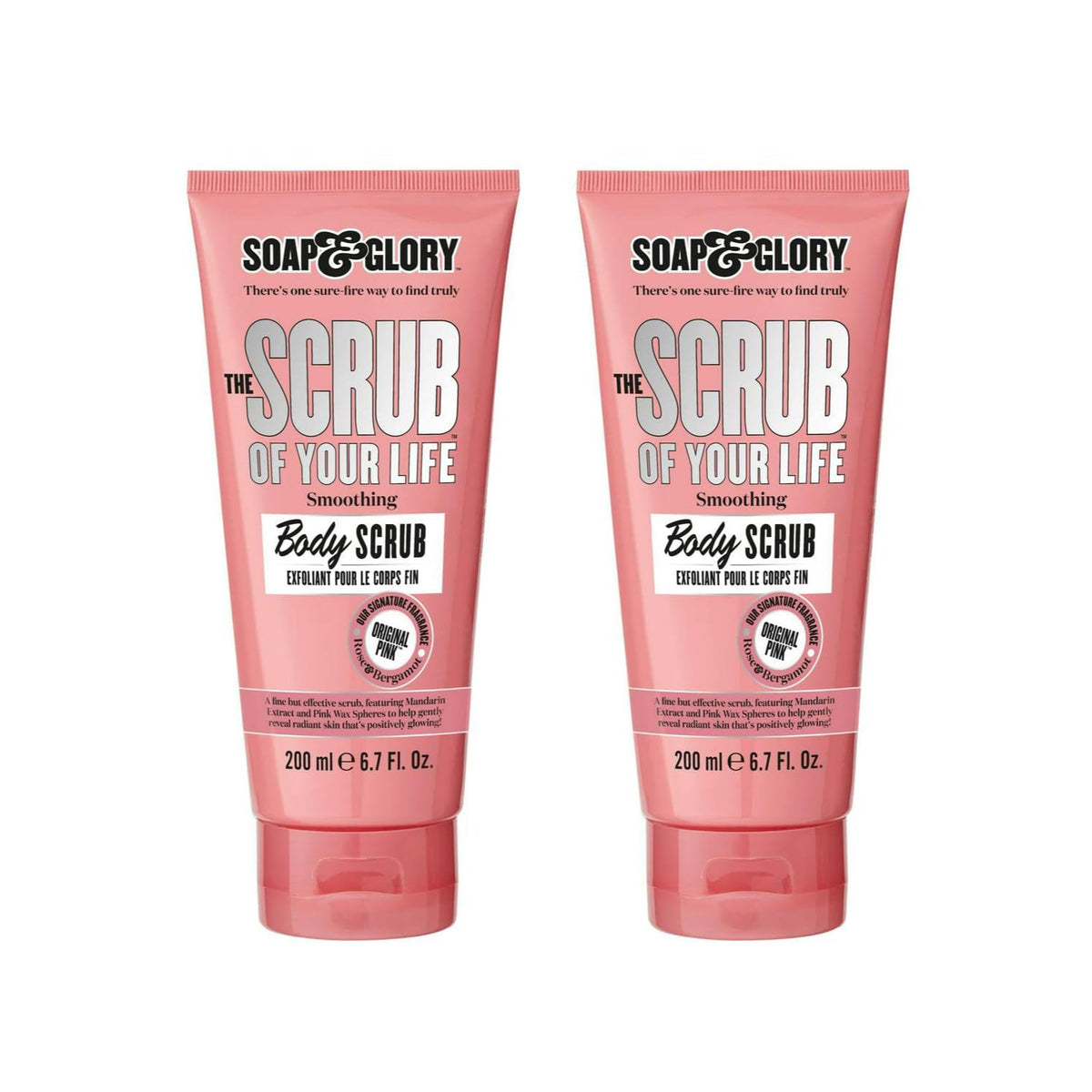 Soap & Glory Original Pink Scrub Life jar shown with creamy exfoliant for smooth skin