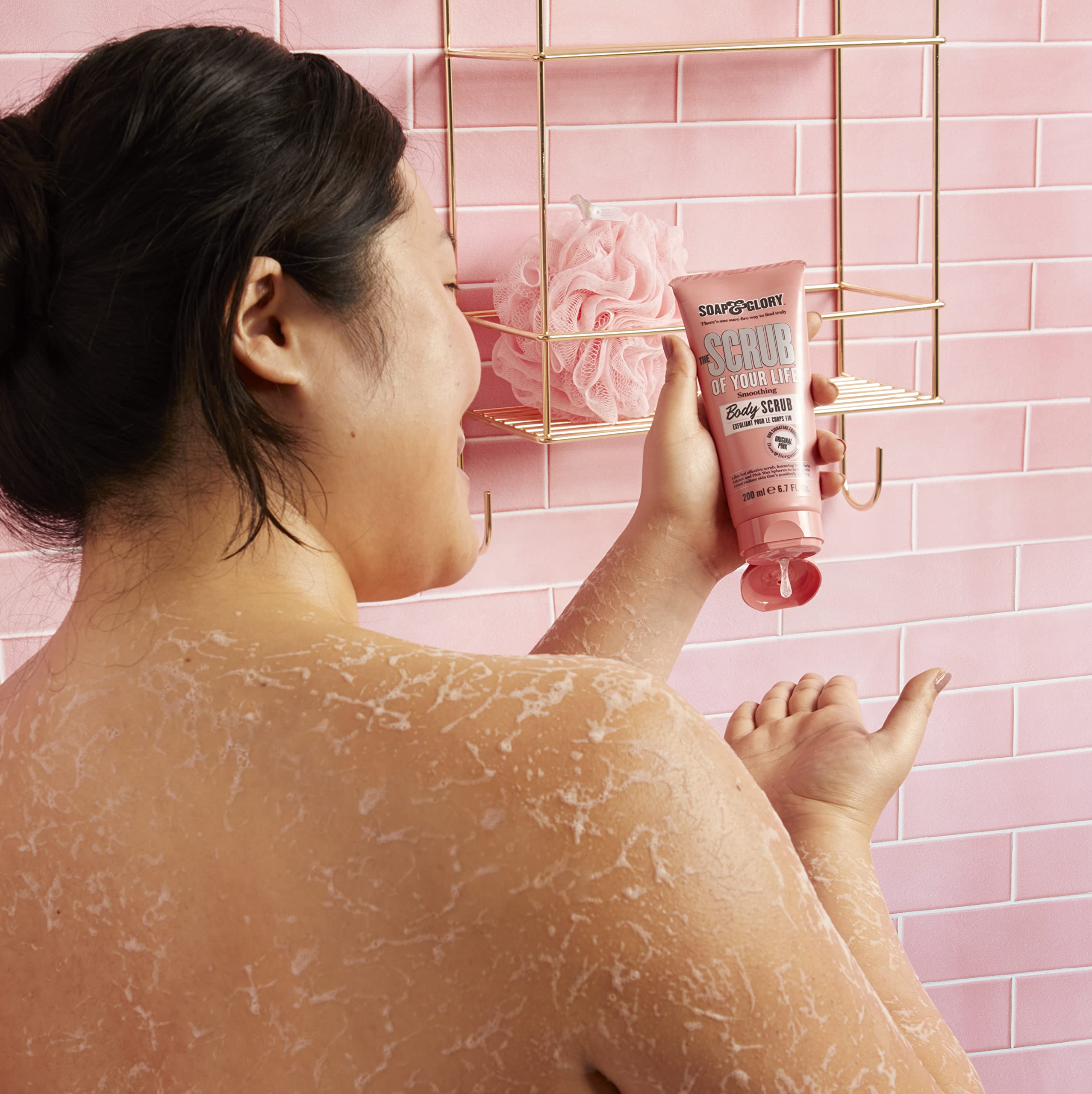 Soap & Glory Original Pink Scrub Life with rose and bergamot scent on display