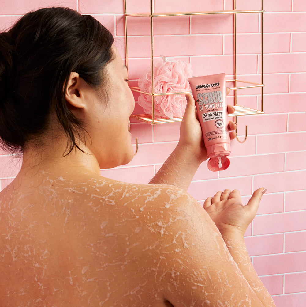 Soap & Glory Original Pink Scrub Life with rose and bergamot scent on display