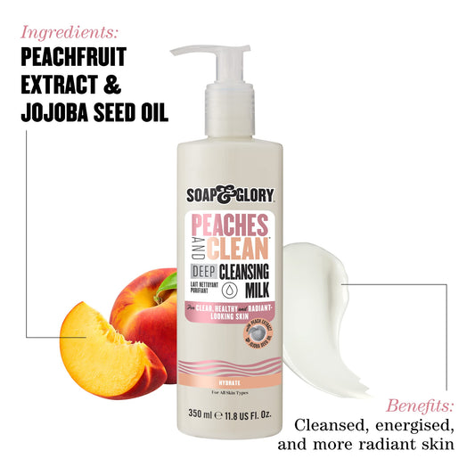 Soap & Glory Peaches Cleanser texture close-up highlighting creamy milk-like formula