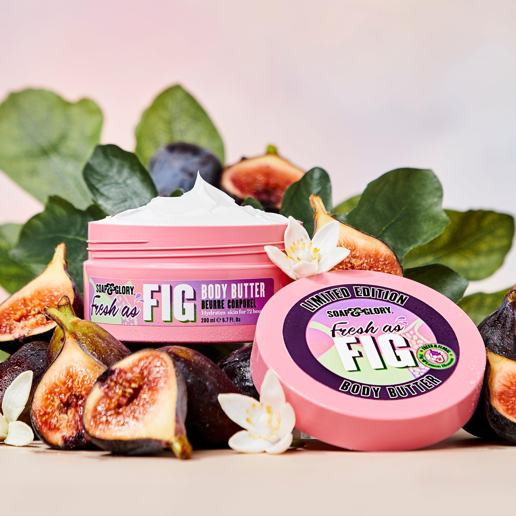 Soap & Glory ingredients—shea butter, aloe vera, and rosehip—close-up for nourishment.