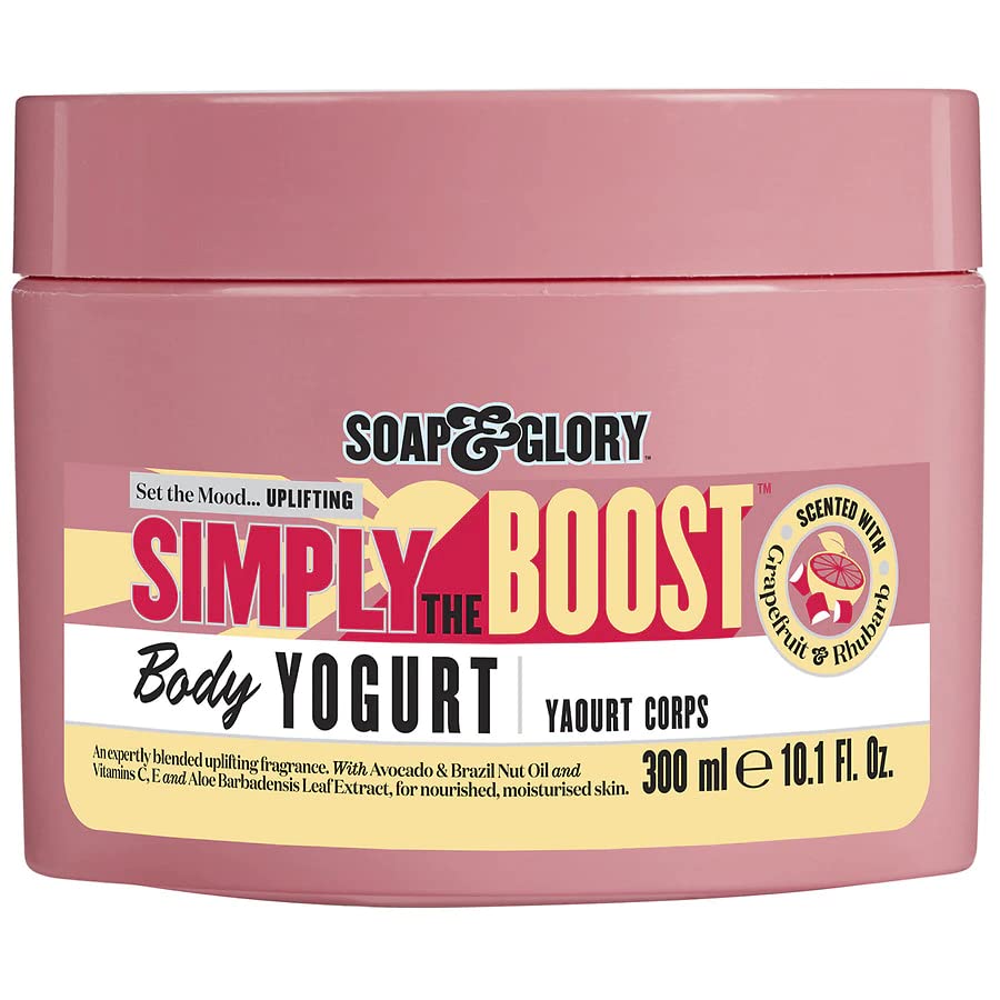 Soap & Glory Simply The Boost bottle pour showing refreshing hydration for dry skin