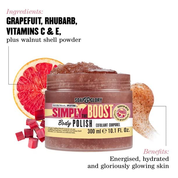Soap & Glory Simply The Boost Scrub jar open showing citrusy, creamy texture