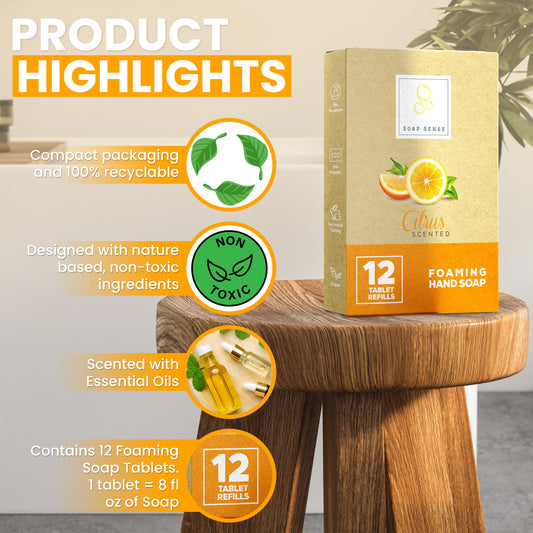Soap Sense tablets arranged with citrus fragrance highlighting compact, travel-friendly solution.