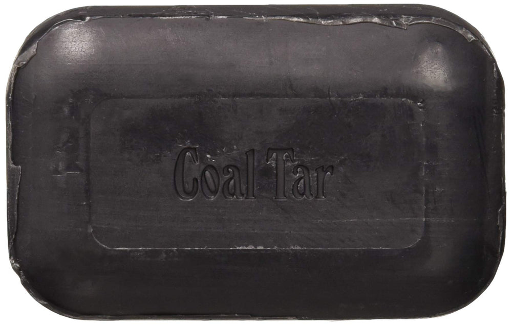 Soap Works Coal Tar Bar Soap close-up ingredients highlight coal tar and natural oils for soothing skin.