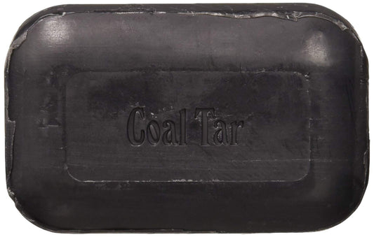 Soap Works Coal Tar Bar Soap close-up ingredients highlight coal tar and natural oils for soothing skin.