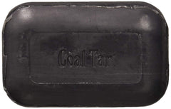 Soap Works Coal Tar Bar Soap close-up ingredients highlight coal tar and natural oils for soothing skin.