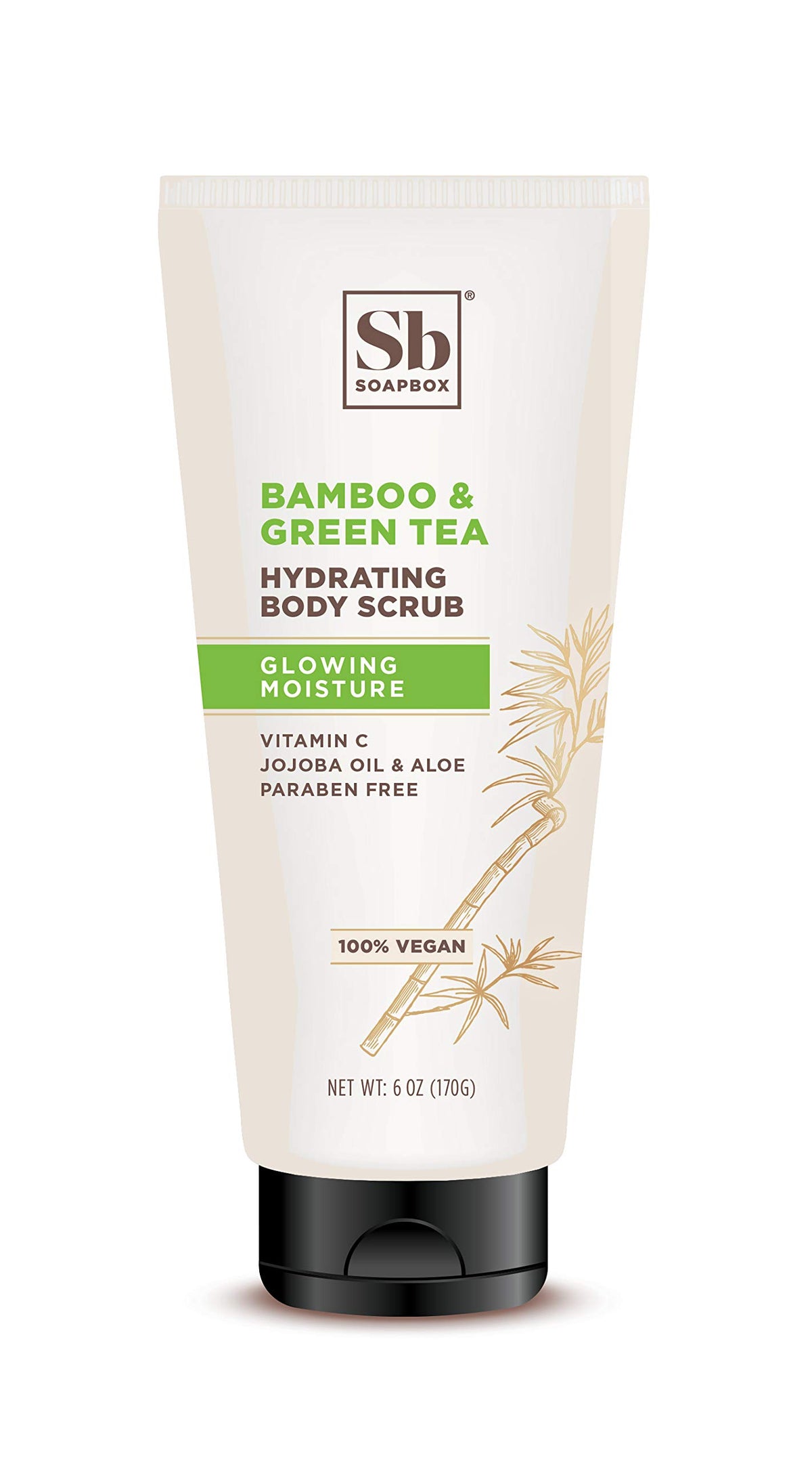 Soapbox Gentle Exfoliating Scrub bottle close-up for smoother, refreshed skin texture.