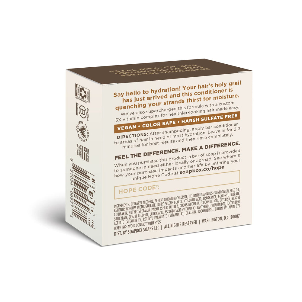 Soapbox conditioner bar packaging and label, showcasing vegan and sulfate-free claims