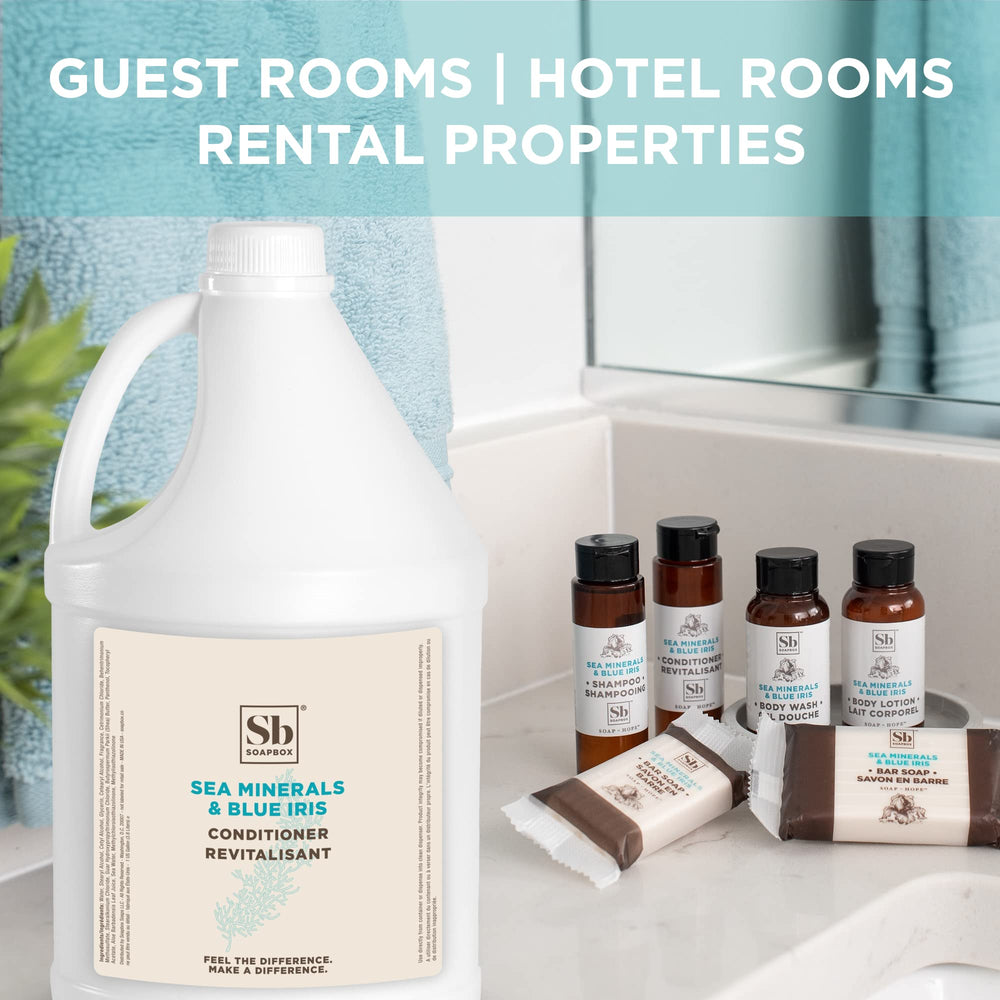 Soapbox gallon packaging ready for hotel or vacation rental refills.