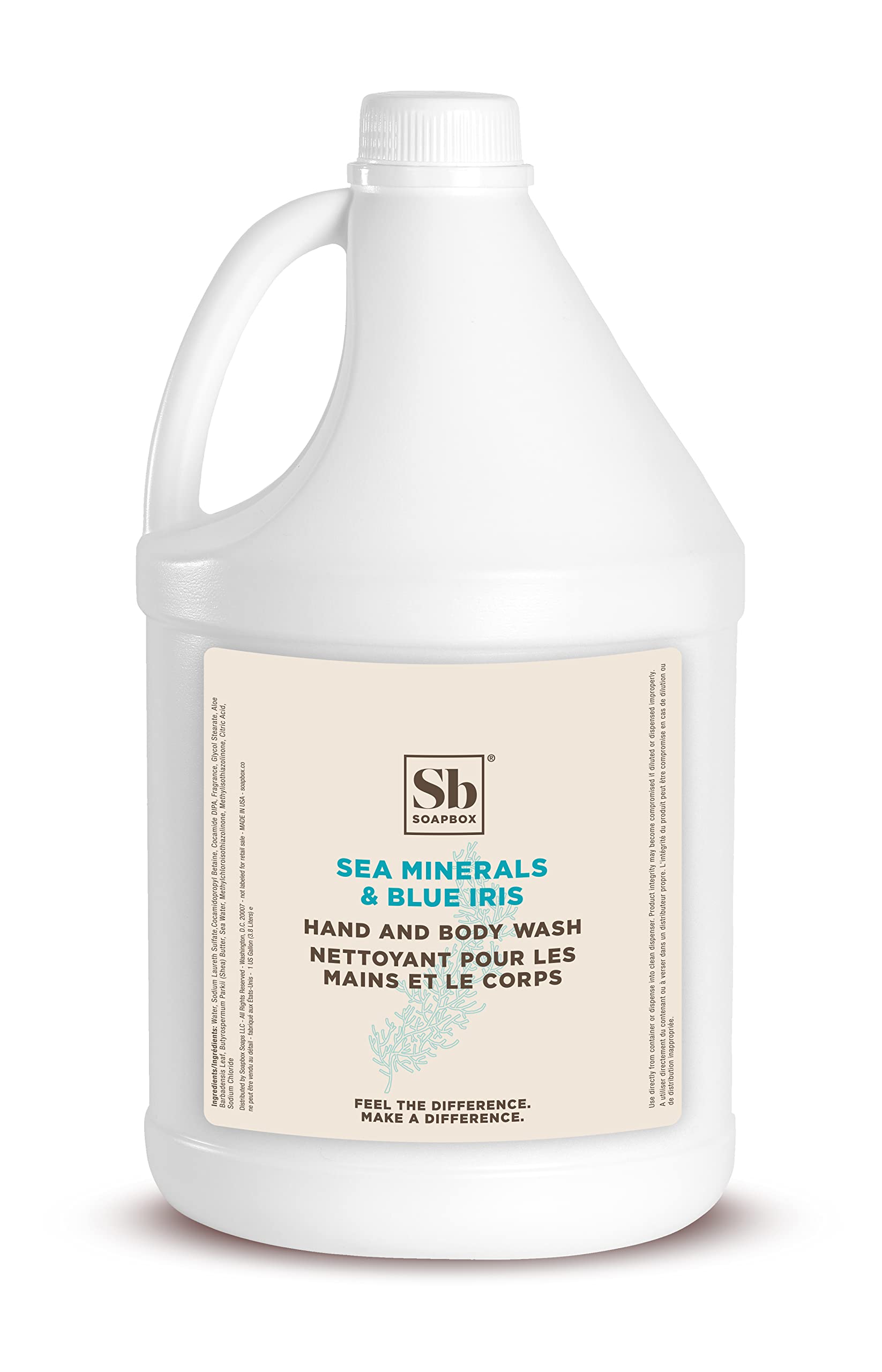 Soapbox liquid hand soap with sea minerals and blue iris in a gallon pour for easy refills.