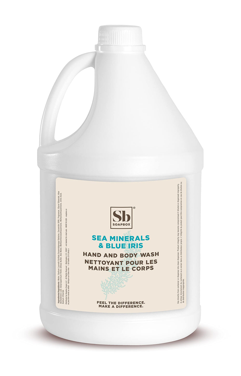 Soapbox liquid hand soap with sea minerals and blue iris in a gallon pour for easy refills.