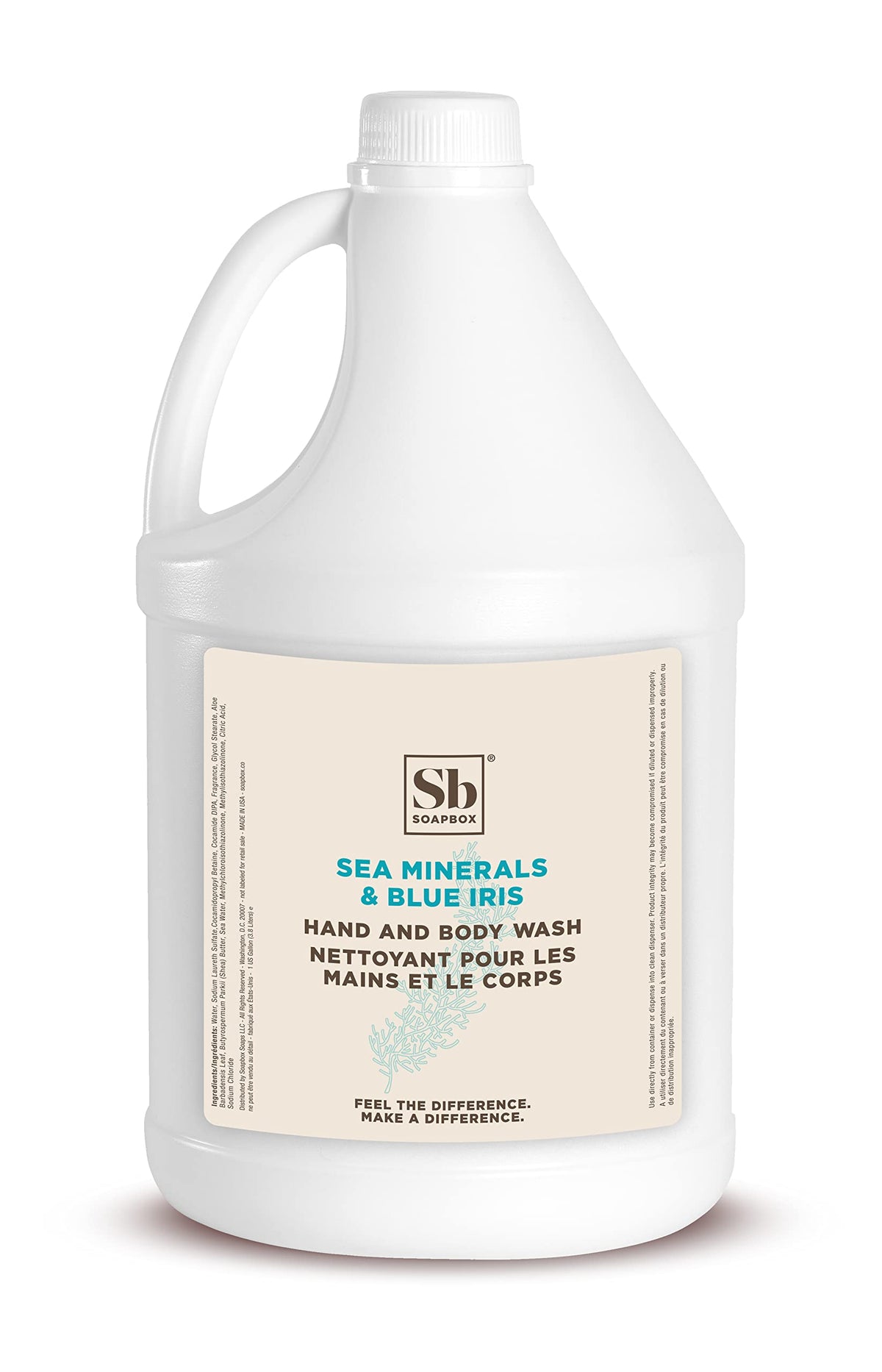 Soapbox liquid hand soap with sea minerals and blue iris in a gallon pour for easy refills.