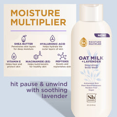 Soapbox Oat Milk Lavender bottle with pump showing creamy lather nourishing skin