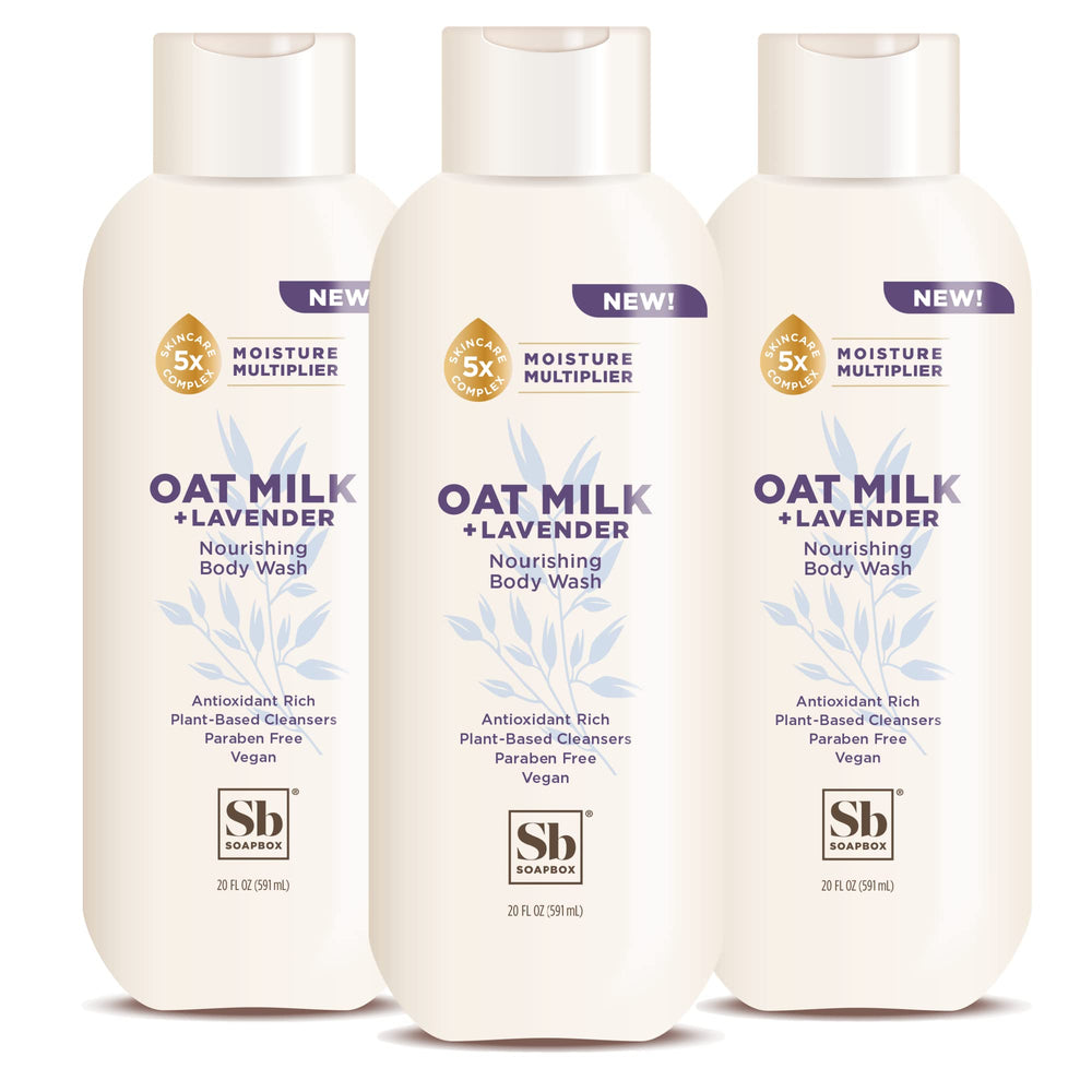 Soapbox Oat Milk Lavender body wash bottle with calming scent for gentle daily hydration