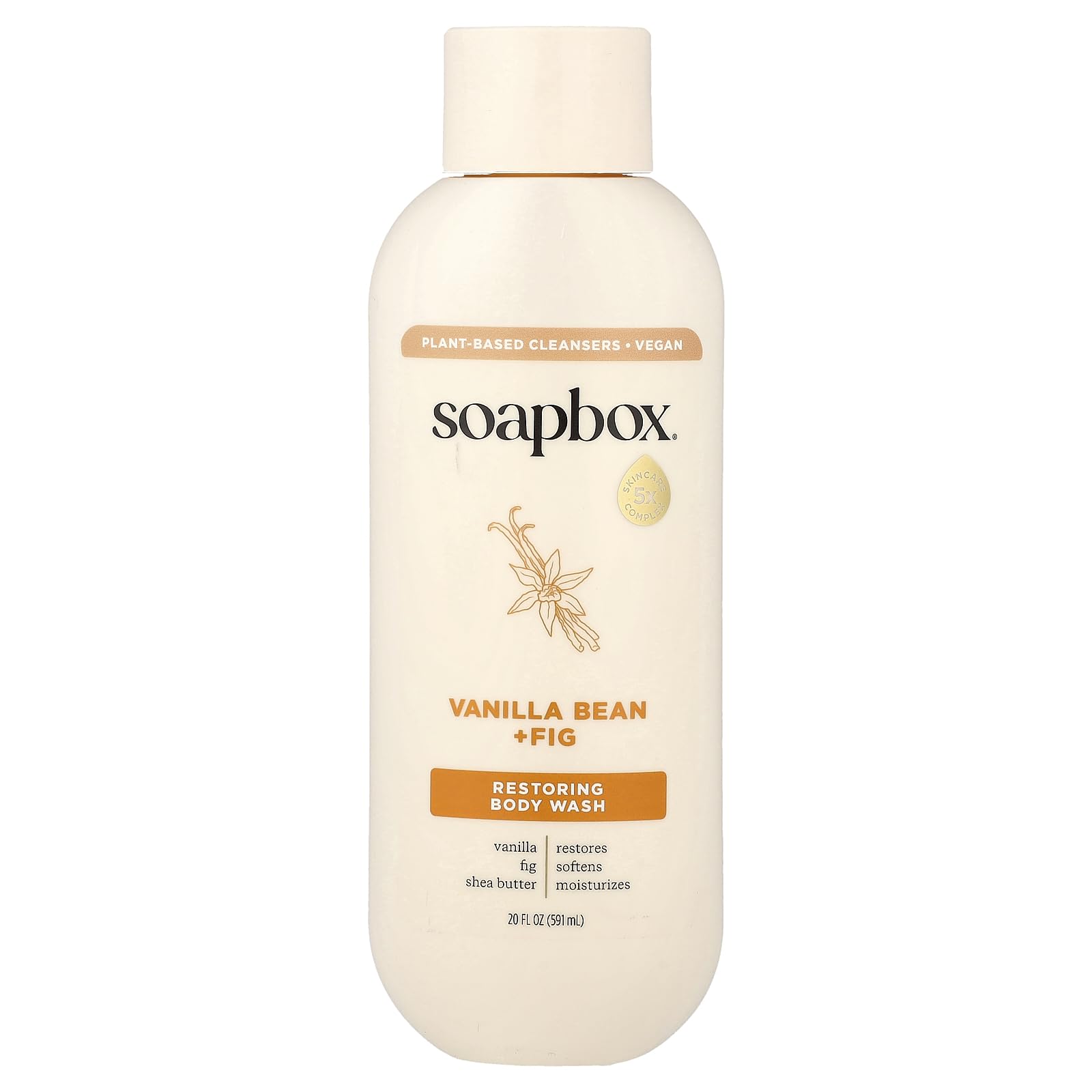 Soapbox Restoring Body Wash bottle front with vanilla bean and fig aroma for moisturizing cleanse.