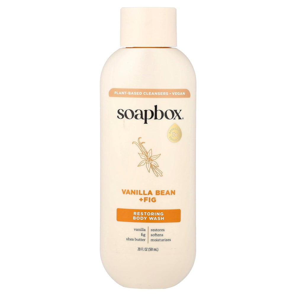 Soapbox Restoring Body Wash bottle front with vanilla bean and fig aroma for moisturizing cleanse.