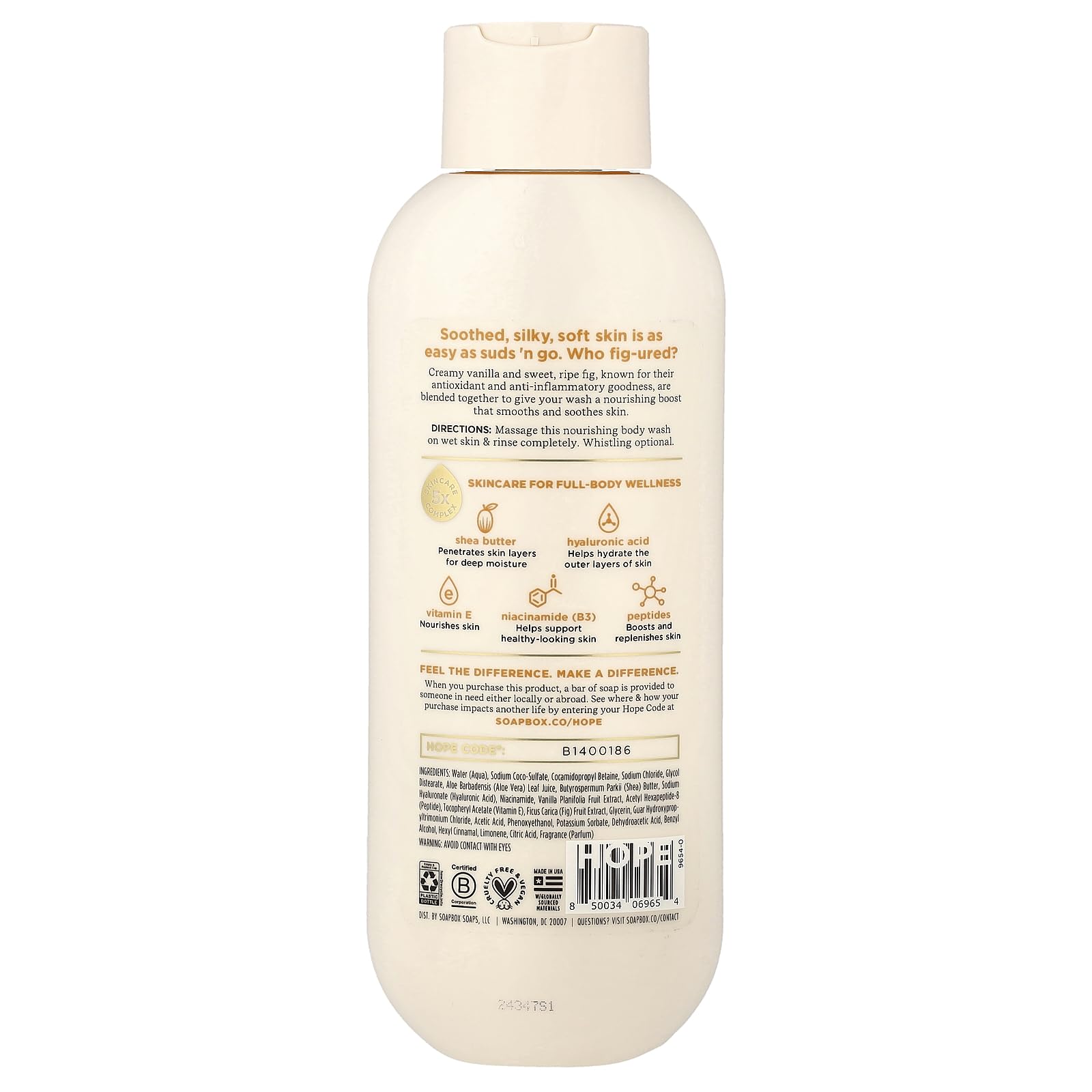 Soapbox Restoring Body Wash being poured to reveal creamy lather and softening hydration.