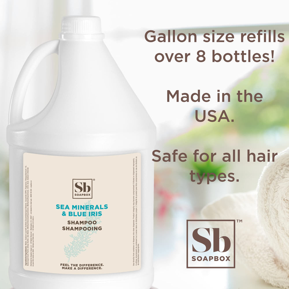 Soapbox Sea Minerals & Blue Iris shampoo label highlights vegan, silicone-free formula for color-safe care