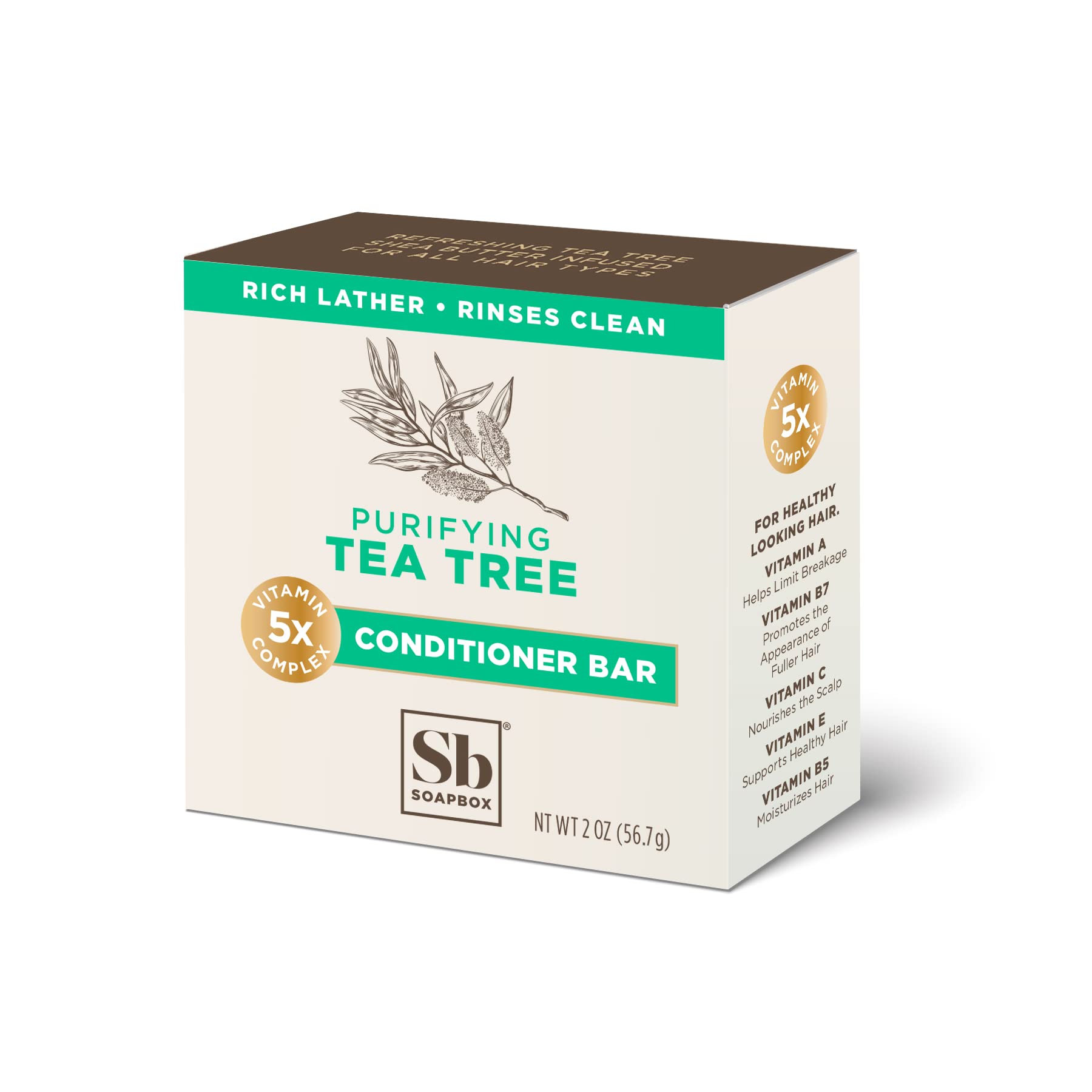 Soapbox Tea Tree Conditioner Bar close-up reveals texture and natural ingredients.