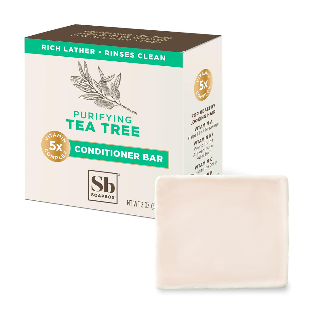 Soapbox Tea Tree Conditioner Bar packaging showcases eco-friendly design for sustainable hair care.