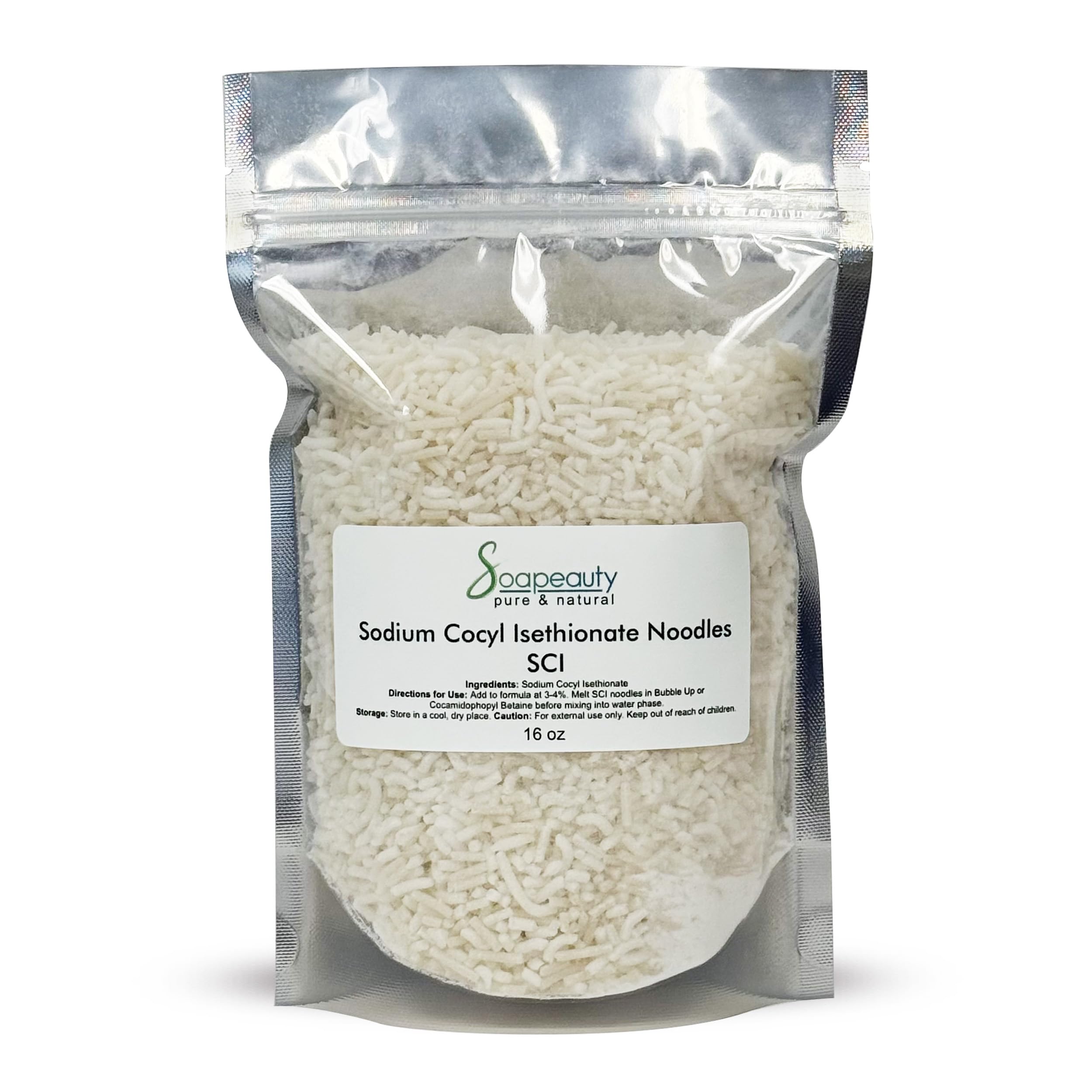 Soapeauty SCI noodles packaging close-up for DIY soaps and baths.
