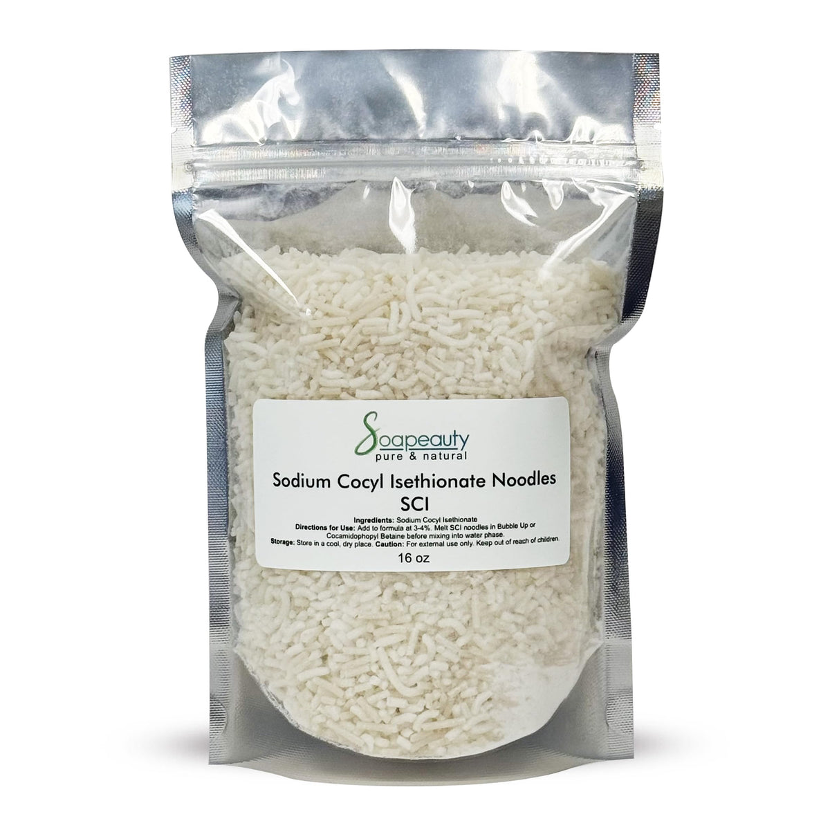 Soapeauty SCI noodles packaging close-up for DIY soaps and baths.