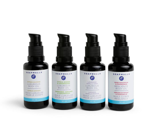 Soapwalla travel-size packaging label highlights vegan organic formula for ethical skincare.